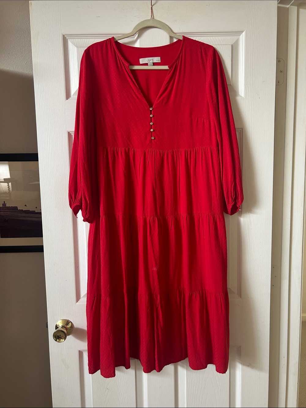 LOFT Bright Red Tiered V-Neck Midi Dress size small